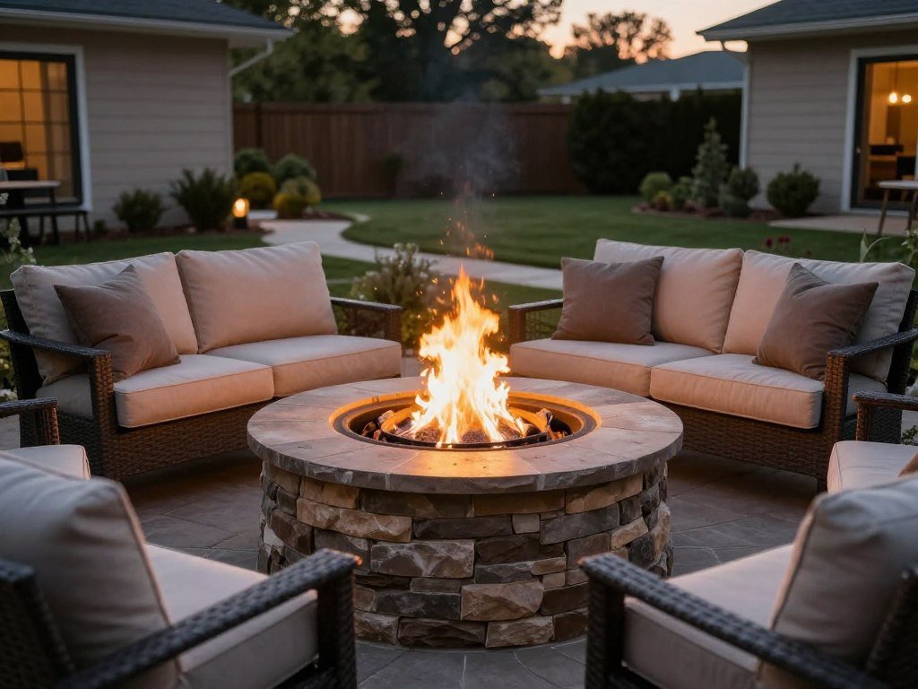 circular stone fire pit with seating area in backyard