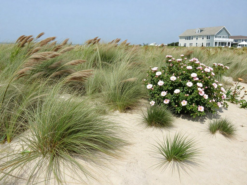 coastal landscape with salt-tolerant plants and dune grass