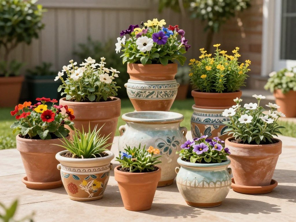 collection of decorative container gardens with various plants on small backyard patio