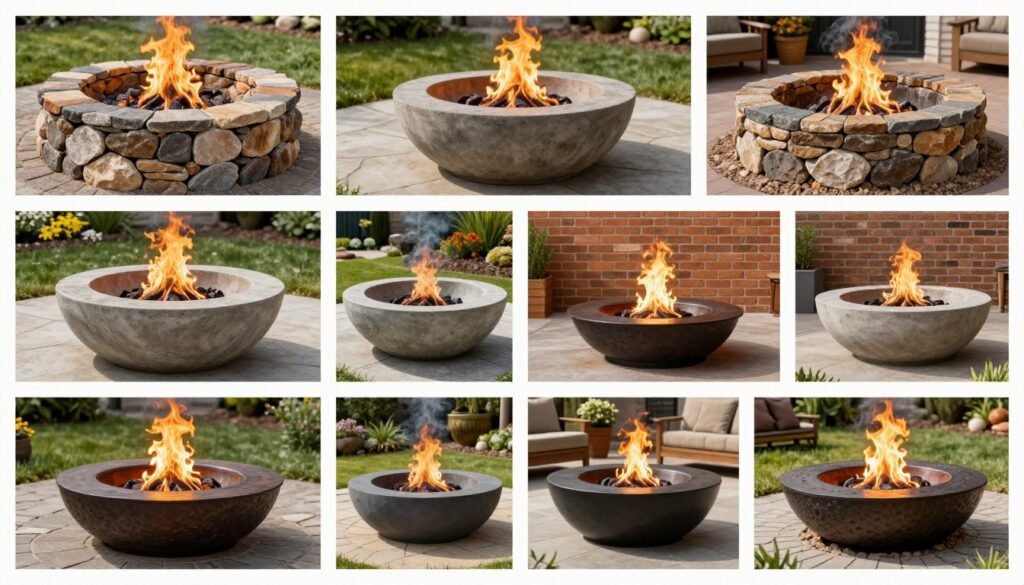 collection of different fire pit styles from rustic to modern