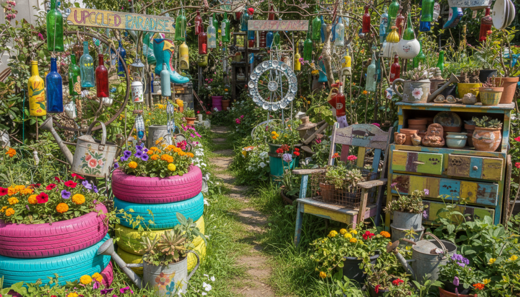 collection of upcycled garden decor including painted tires and vintage items