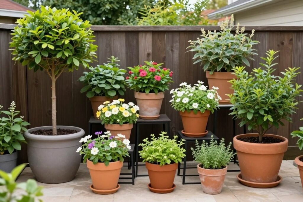 collection of various sized container gardens arranged on small patio