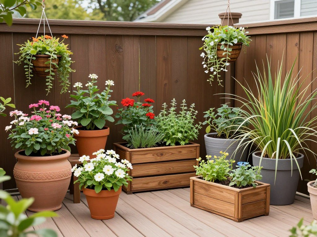 collection of various sized container gardens with colorful flowers and plants