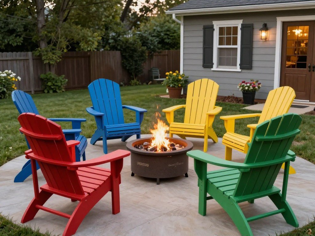 colorful Adirondack chairs around fire pit
