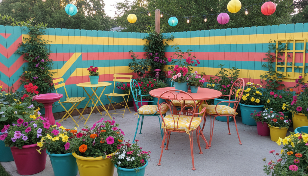 colorful backyard with painted furniture planters and flowers