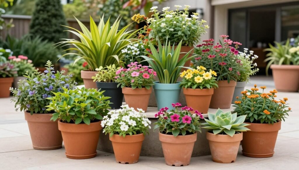 colorful container garden arrangement on patio