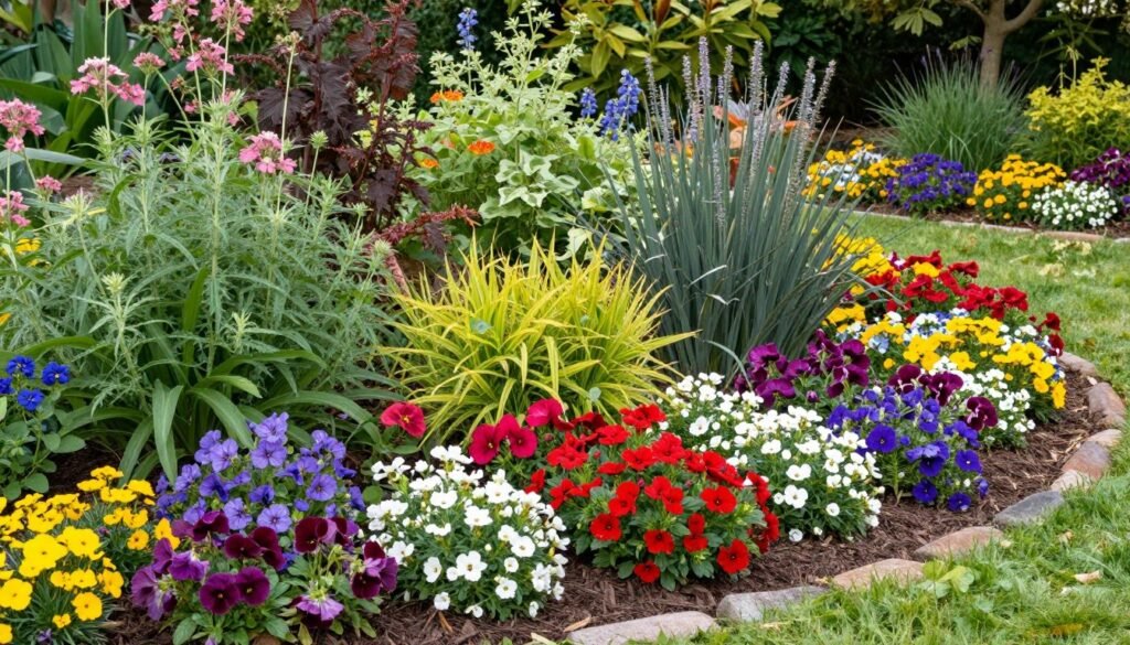 colorful flower garden bed with mixed plantings
