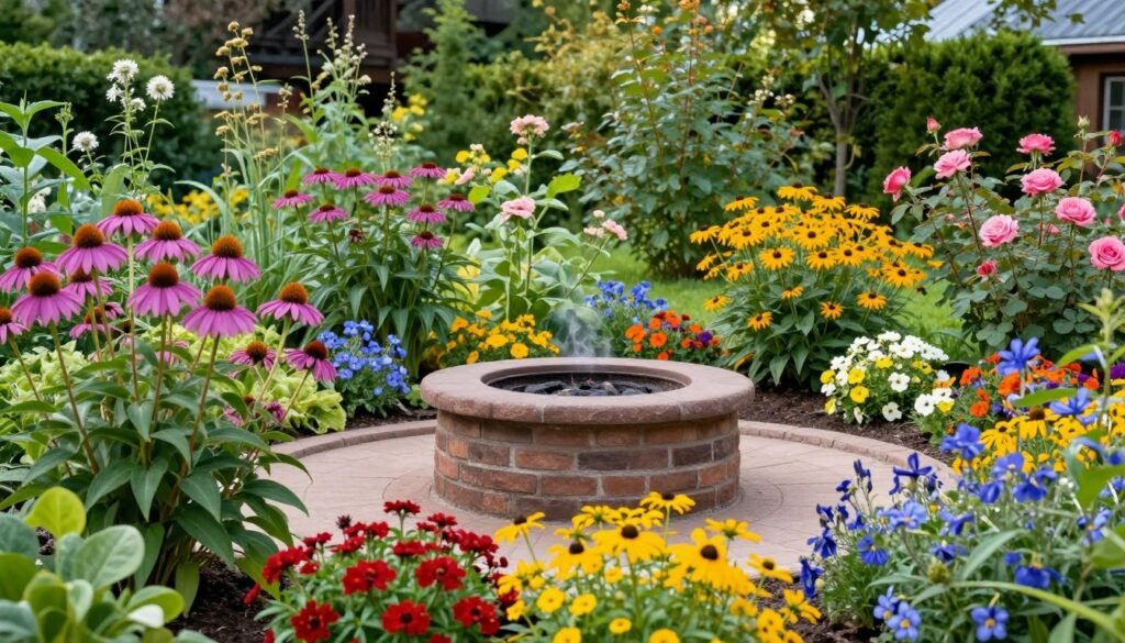 colorful perennial garden beds near fire pit