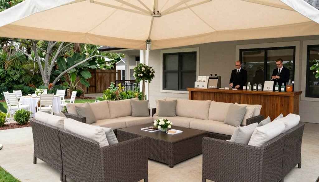 comfortable backyard wedding guest seating area with shade