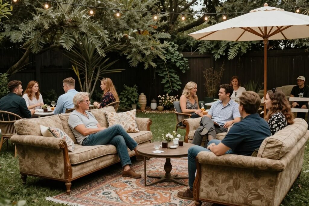 comfortable lounge area at backyard wedding with guests enjoying conversation comfortable lounge area at backyard wedding with guests enjoying conversation