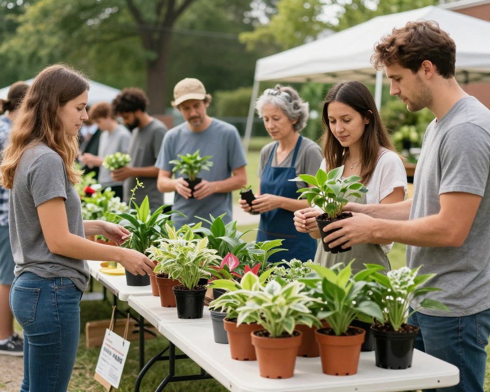 community plant swap event with gardeners exchanging plants and cuttings