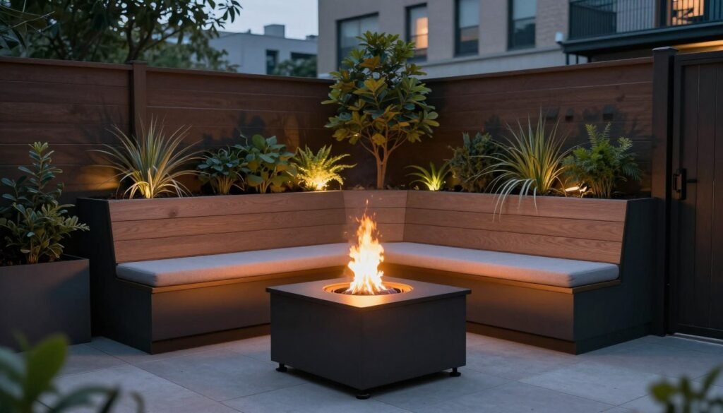 compact fire pit in small urban backyard