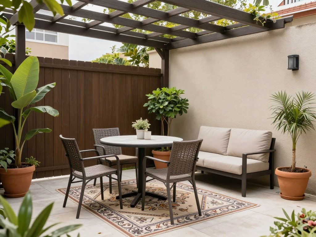 compact patio with dining table and lounge area in small backyard