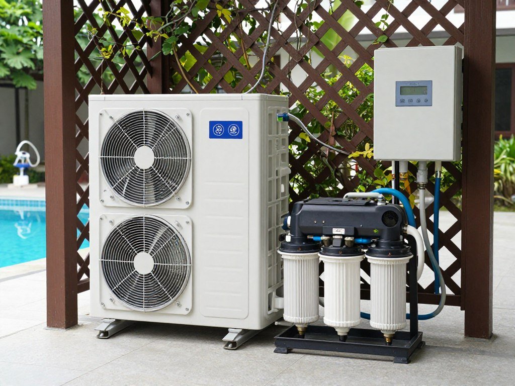 compact pool equipment area with heat pump and filtration system