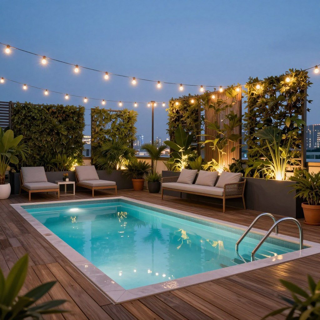 compact rooftop plunge pool with wooden deck and privacy screens