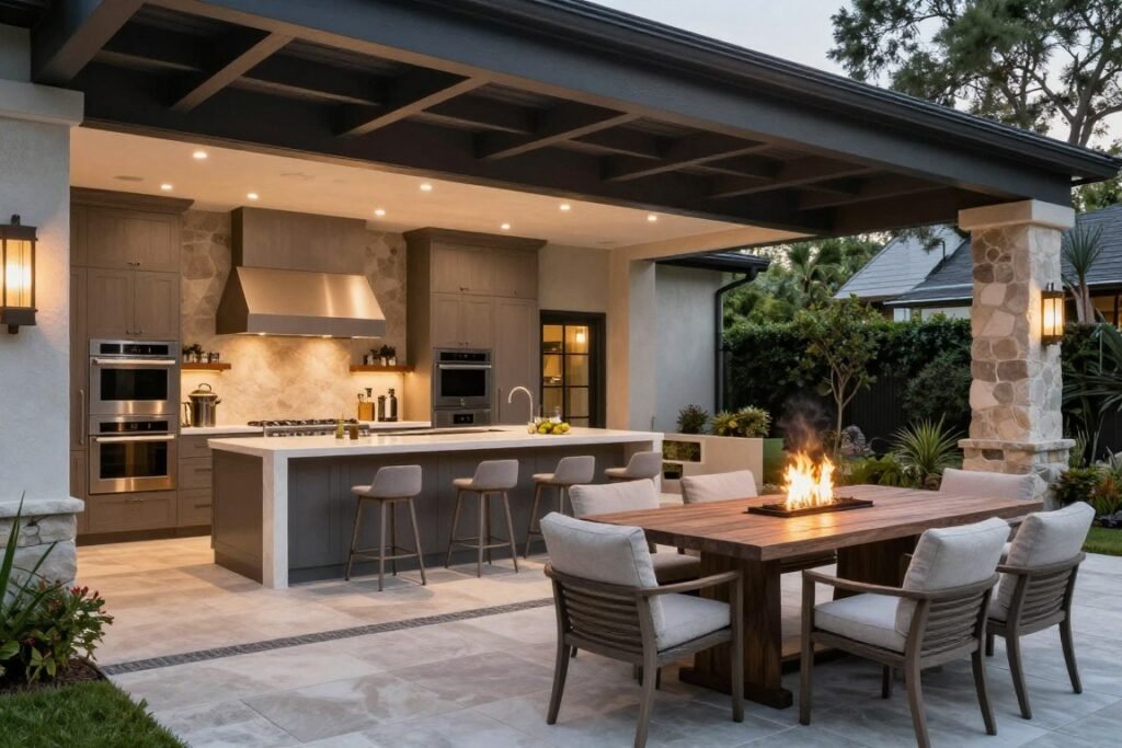 complete outdoor living space with kitchen, dining, and seating areas
