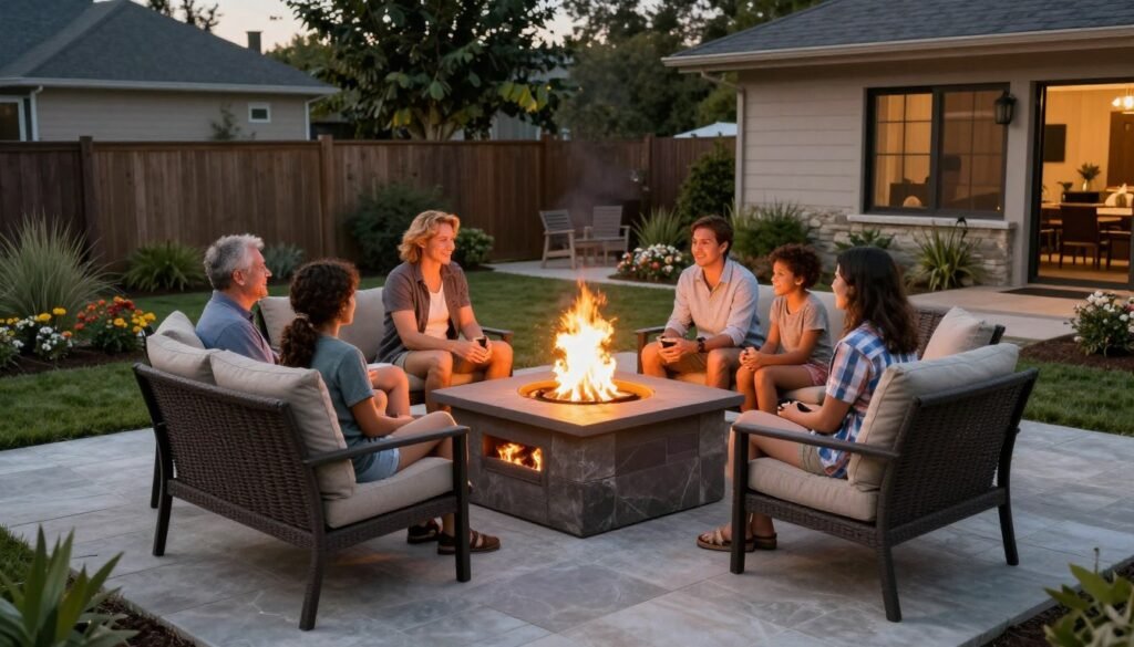 completed beautiful backyard fire pit with family gathering enjoying the space