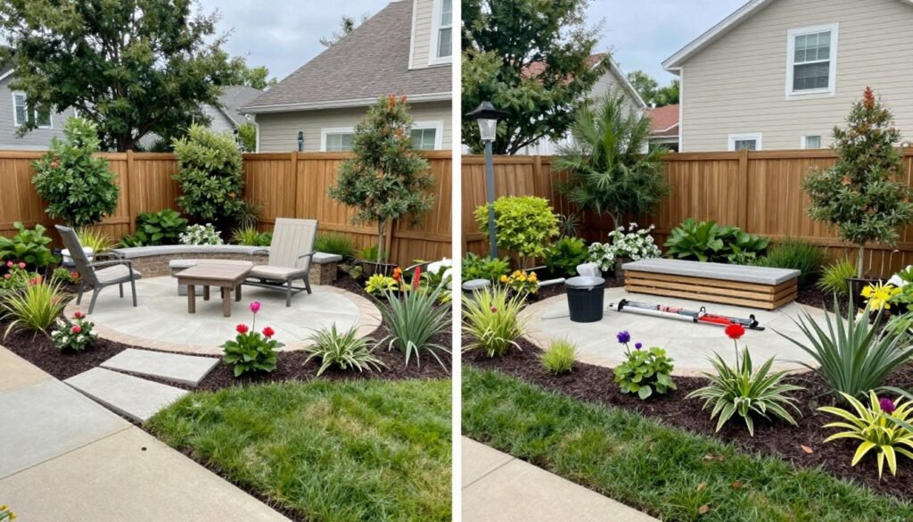 completed beautiful backyard transformation showing before and after results