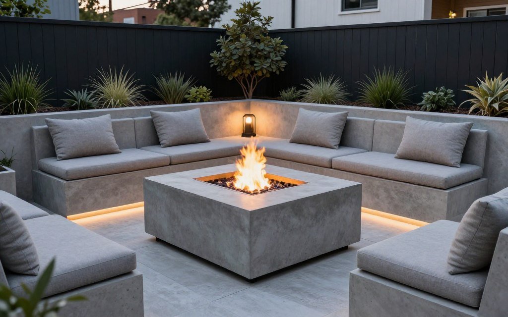 concrete fire pit area with integrated seating and contemporary outdoor furniture