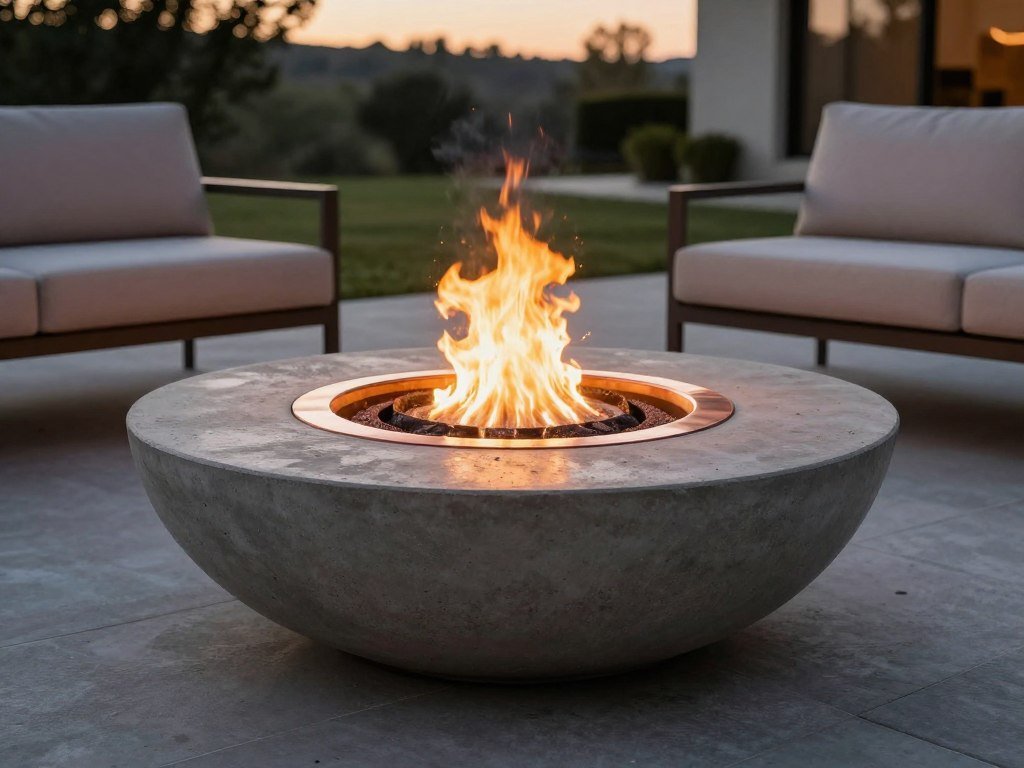 concrete fire pit bowl with copper accents