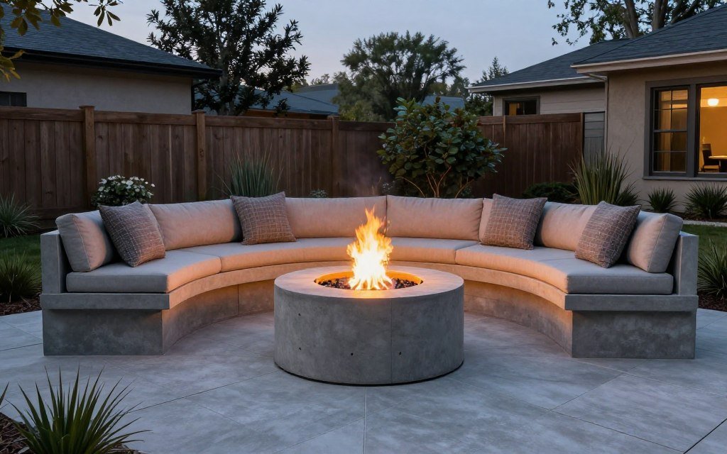 concrete fire pit with built-in bench seating