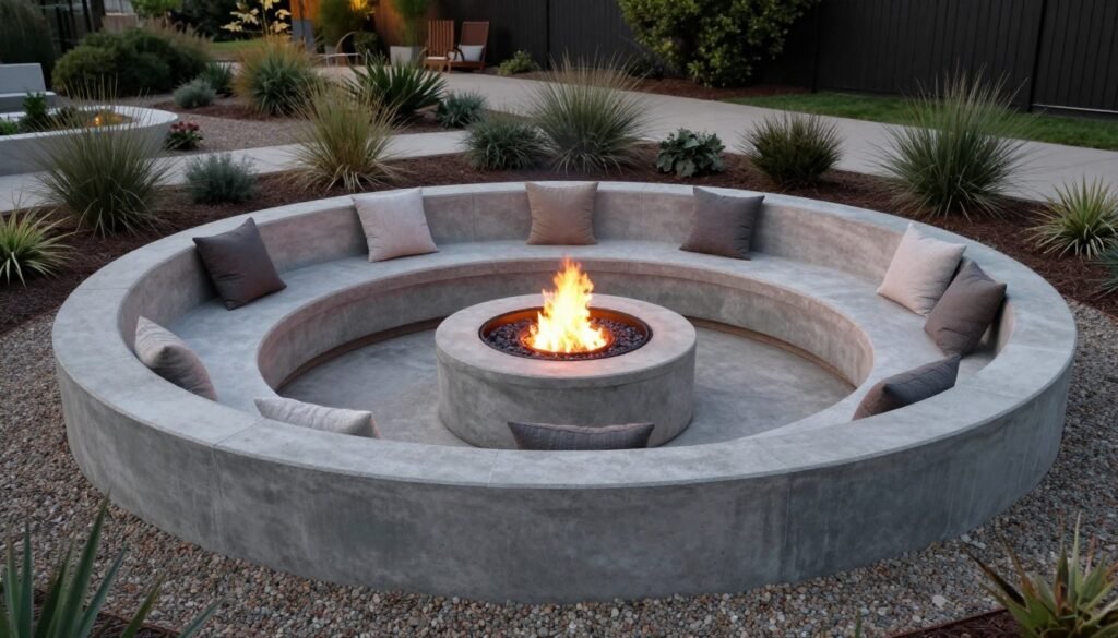 concrete fire pit zone with integrated seating wall