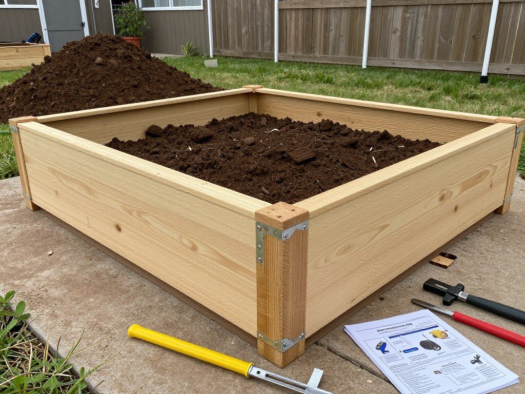 construction of wooden raised garden bed frame in backyard setting