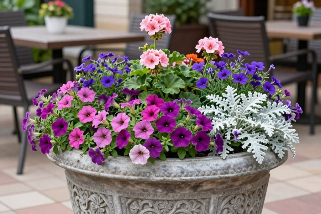 container garden combination with colorful annual flowers for summer patio display