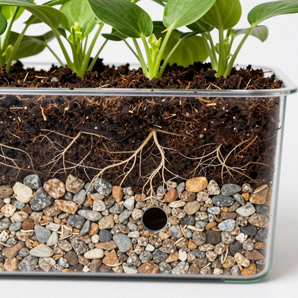 container garden showing proper drainage setup with gravel layer visible