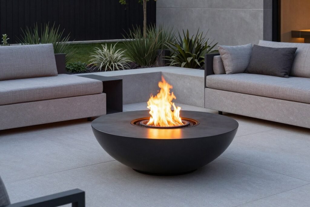 contemporary metal fire bowl on modern patio