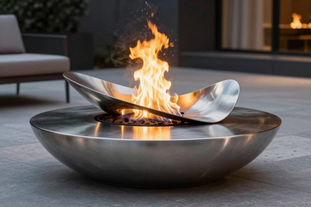 contemporary metal sculpture fire pit with artistic design