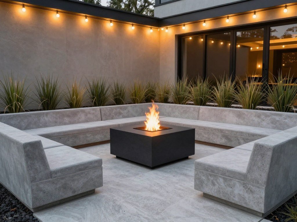 contemporary patio space with modern outdoor furniture and fire pit