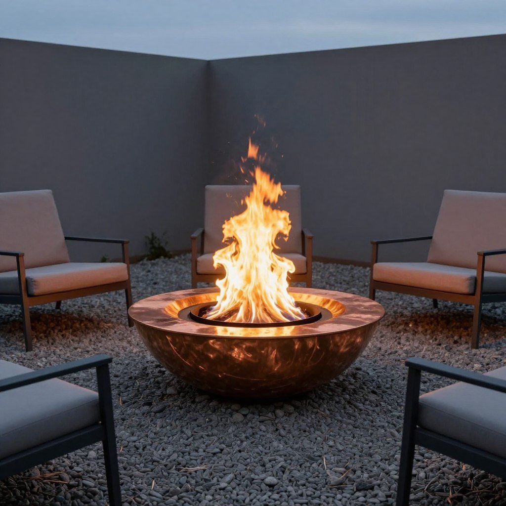 copper bowl fire pit on gravel patio