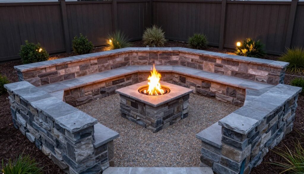 corner fire pit area with stone seating wall in small backyard design
