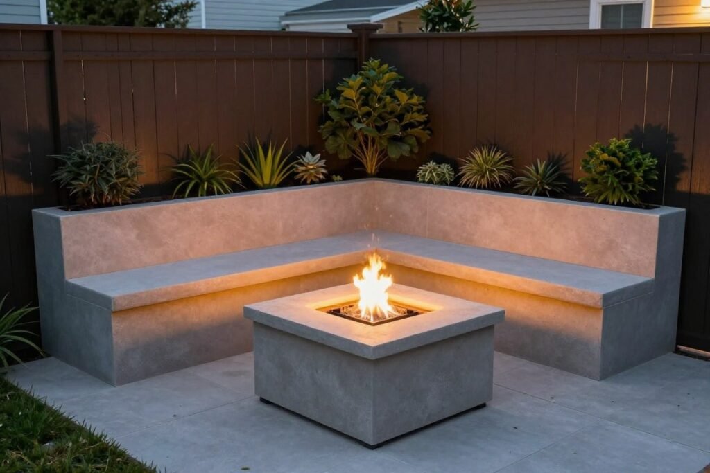 corner fire pit with built-in L-shaped seating