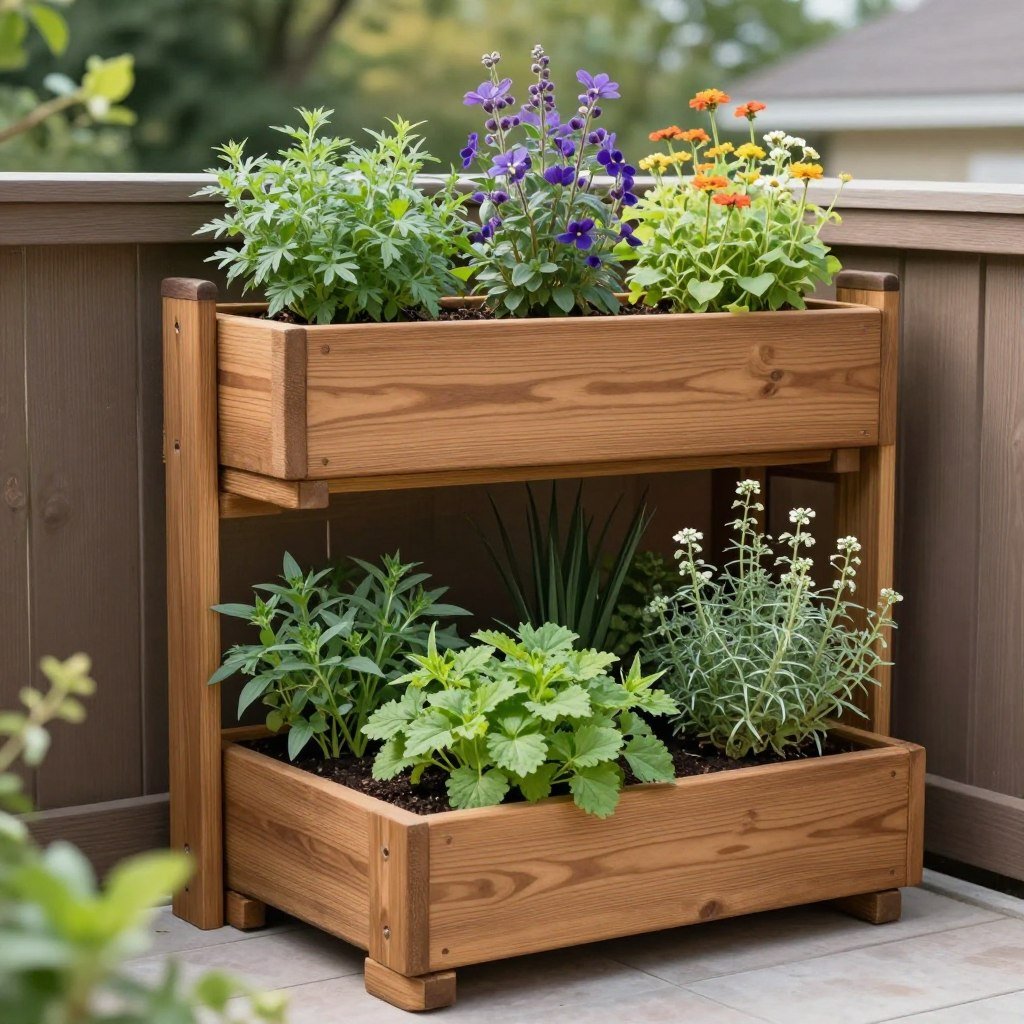 corner of small yard with tiered vertical planter holding herbs and flowers