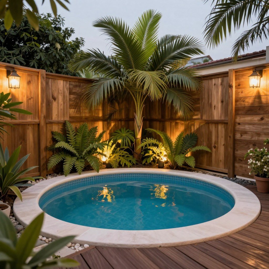 corner plunge pool with wooden privacy fence and tropical landscaping