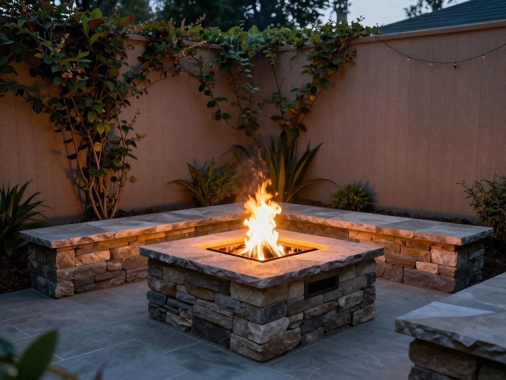 corner rectangular fire pit with wraparound seating