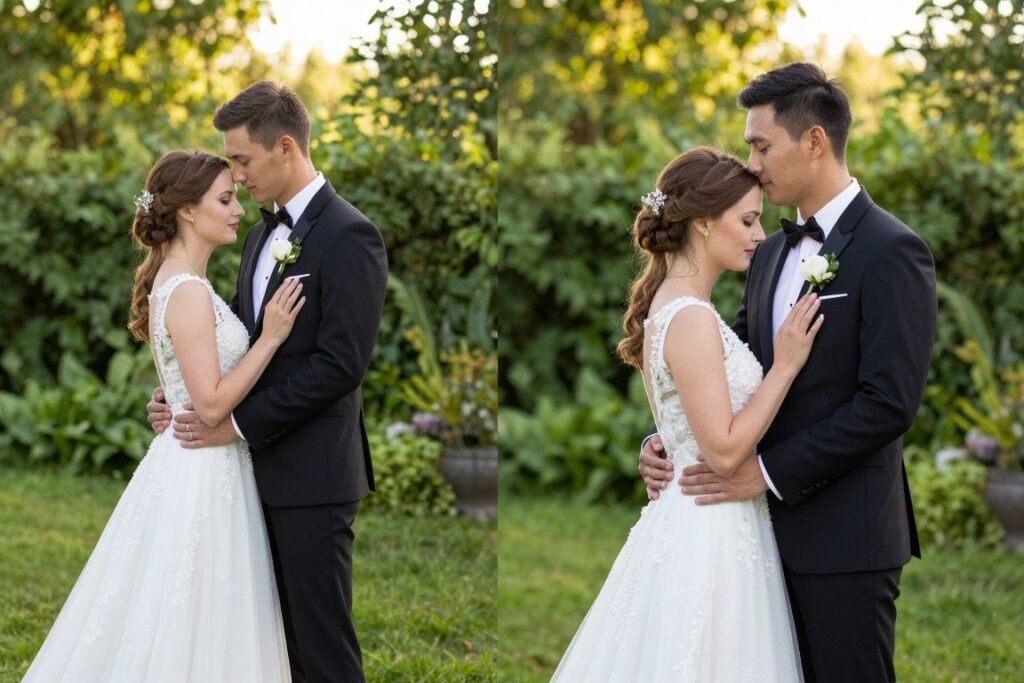 couple portrait in beautiful backyard garden setting