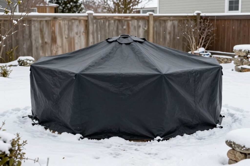 covered fire pit prepared for winter storage