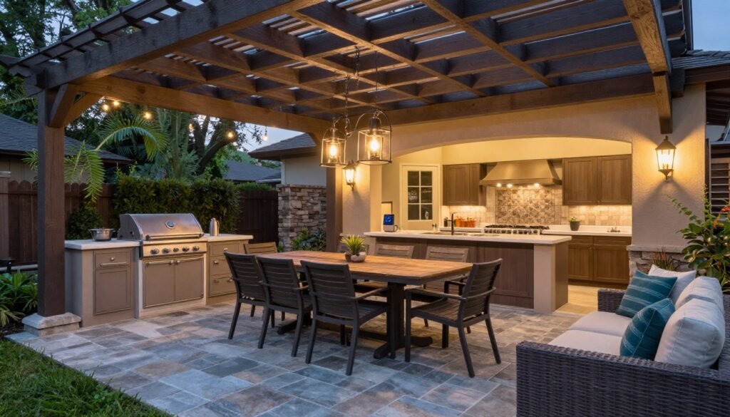 covered outdoor living space with kitchen, dining area, and comfortable seating