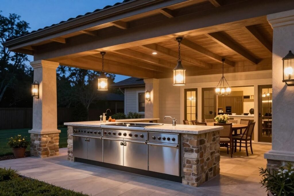 covered patio with outdoor kitchen and bar area