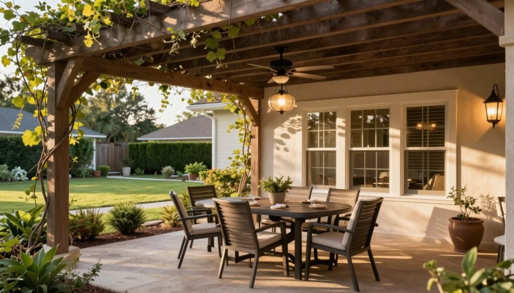 covered patio with pergola and outdoor dining area