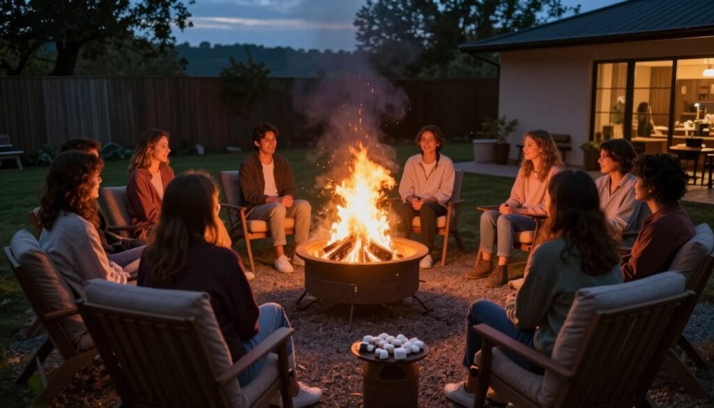 cozy backyard fire pit surrounded by comfortable seating at dusk cozy backyard fire pit surrounded by comfortable seating at dusk