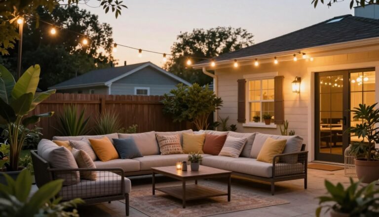 cozy backyard with string lights and comfortable seating area at sunset