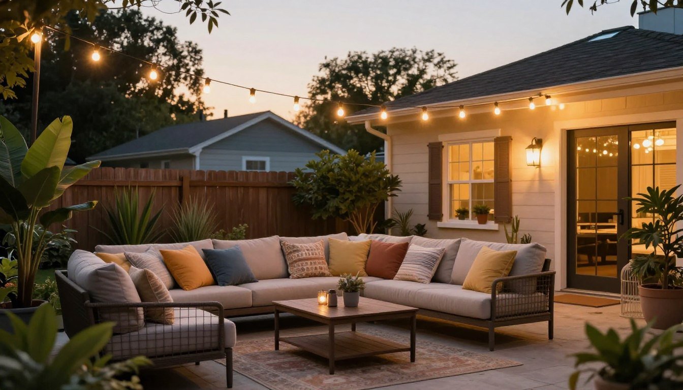 cozy backyard with string lights and comfortable seating area at sunset