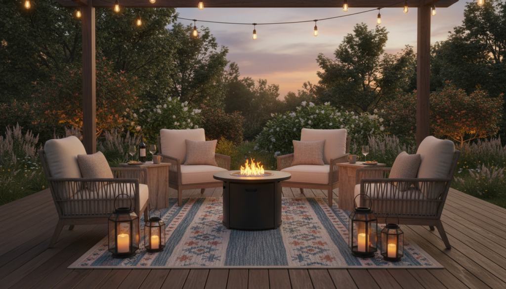 cozy conversation area with chairs arranged around firepit
