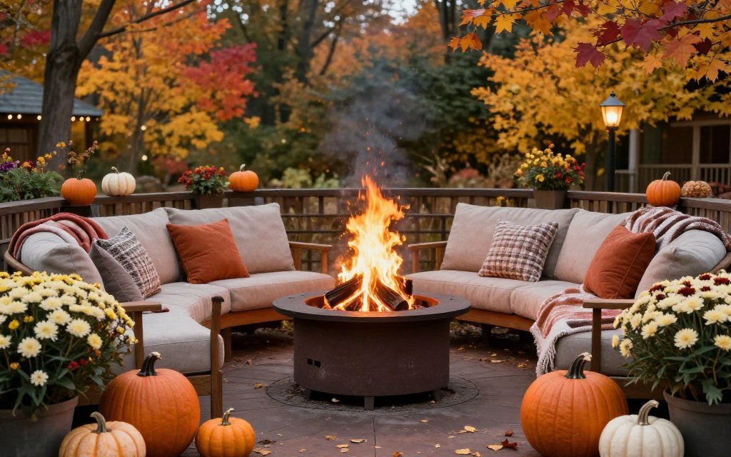 cozy fall fire pit scene with blankets and autumn decorations