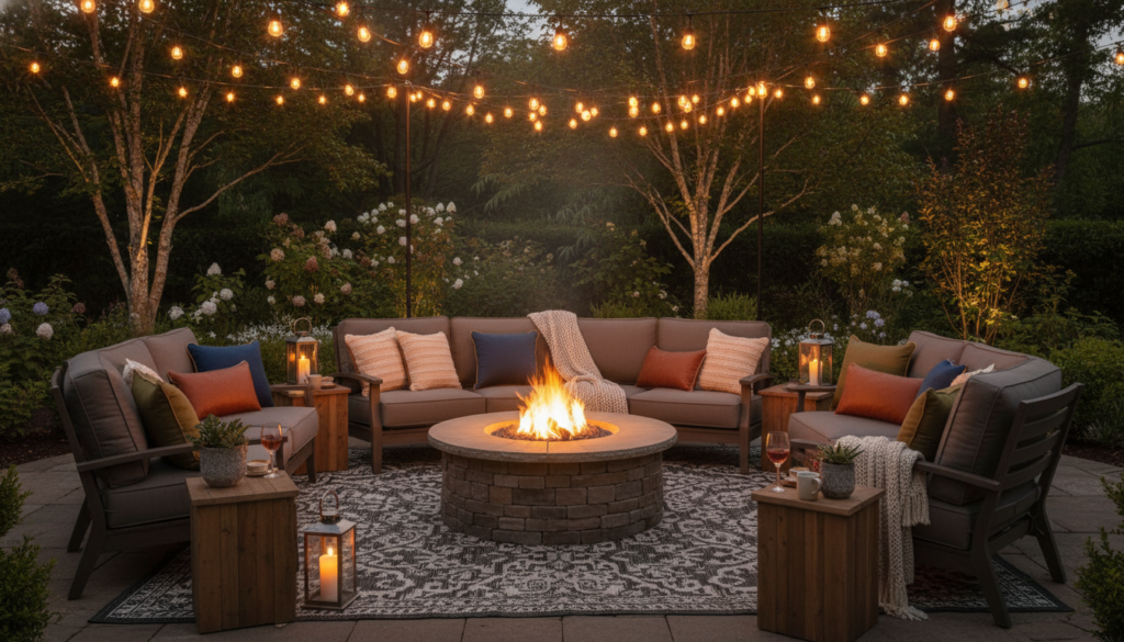 cozy outdoor entertainment area with seating fire pit and string lights