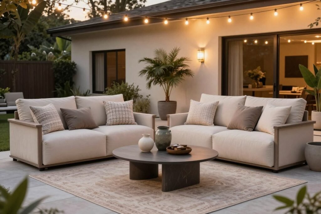 cozy outdoor living space with comfortable seating and decorative elements